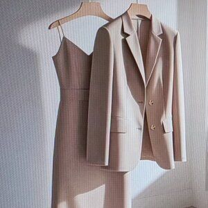 Beige Midi Slip Dress with Coordinating Blazer